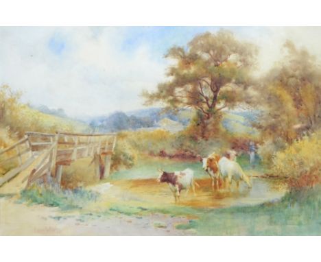 EDWIN BOTTOMLEY (1865-1929); watercolour, 'Crossing the Stream, Lowdale near Whitby', cattle watering with figure and buildin
