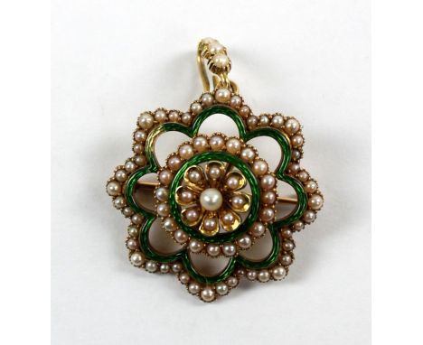 A Victorian 15ct yellow gold and seed pearl floral open frame brooch/pendant with green guilloche enamel detail and detachabl