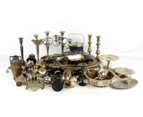 A group of electroplated items to include a pair of three branch candelabra, a small rose bowl, a sugar scuttle and an Adams 