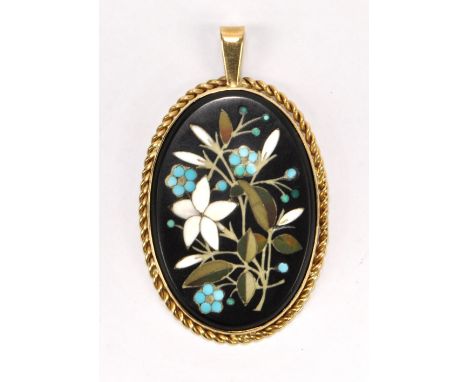 An oval floral motif pietra dura pendant in 9ct yellow gold mount, length 5.4cm. CONDITION REPORT: The tip of one petal is mi