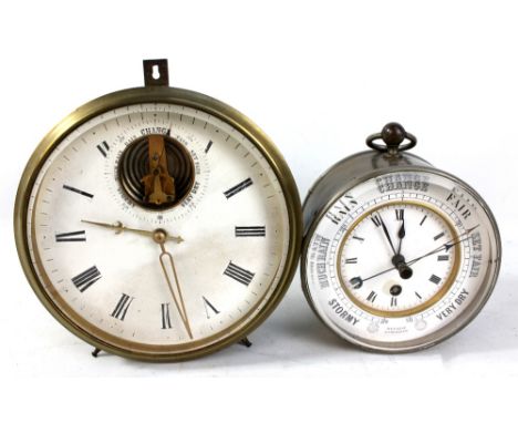 An early 20th century brass cased combination clock and barometer inscribed 'Metallic Barometer', diameter 12.5cm and a furth