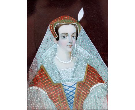 AFTER HILLIARD; a rectangular portrait miniature depicting a female wearing elaborate lace veil and collar, bearing spurious 