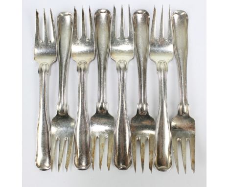 GEORG JENSEN; a set of eight sterling silver cake forks, six with London import marks for 1950 and two with 1954, length 14.2