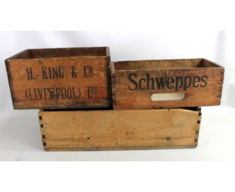 Three vintage bottle crates including Schweppes and H King &amp; Co of Liverpool branded examples (3).