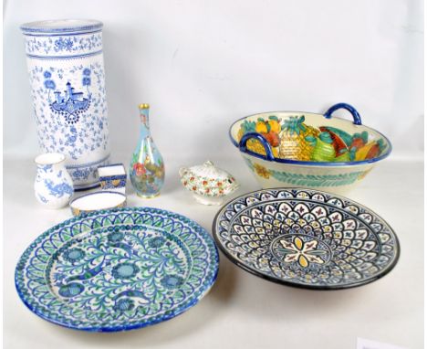 A large twin handled fruit decorated bowl, a pair of chargers, a Carlton Ware lustre glazed bottle vase, etc.