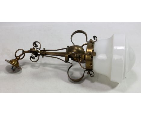 A WAS Benson style Arts and Crafts ceiling light with opaque white shade, length excluding fitment approx 36cm.