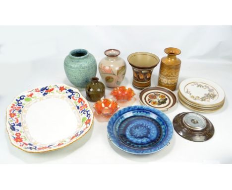 A small group of ceramics to include an Ashworth Bros of Henley meat platter, three Denby vases and a set of five plates, etc