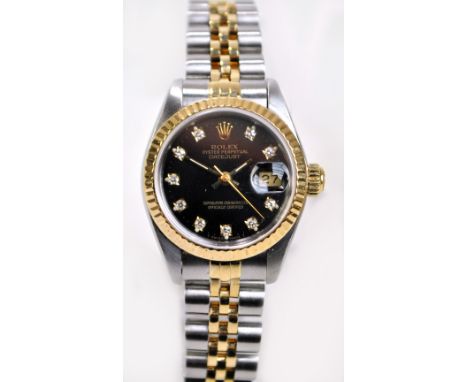 ROLEX; a lady's bi-metallic Oyster Perpetual Datejust superlative chronometer wristwatch, the black dial set with diamond num