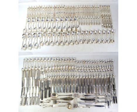 WALKER &amp; HALL; a George V and later hallmarked silver 357 piece 'Straight Laurel' pattern cutlery set, comprising thirty 