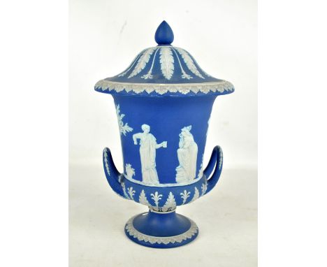 A 19th century Wedgwood blue jasper dip campana urn with figural and foliate decoration, impressed marks to base, height 33.5