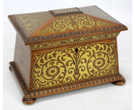 An early to mid-19th century rosewood and brass inlaid two section tea caddy overall decorated with foliate scrolls, with hin