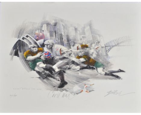 CHARLES BILLICH (Australian, born 1934); a signed limited edition print, 'Civil War', the Rugby World Cup 2003, 20/49, 78 x 7