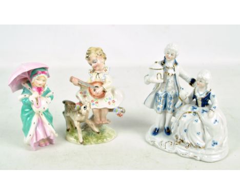 A Royal Doulton figure; HN1937 'Miss Muffet', an Italian figure of a girl playing a lute and further Continental porcelain fi