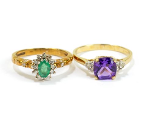 A 9ct yellow gold and amethyst ring, the cushion cut stone flanked by six melee diamonds, size R, and a further dress ring se