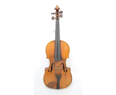 A full sized German violin with two-piece back, Stradivarius copy with spurious label, length 35.7cm, cased with a bow.