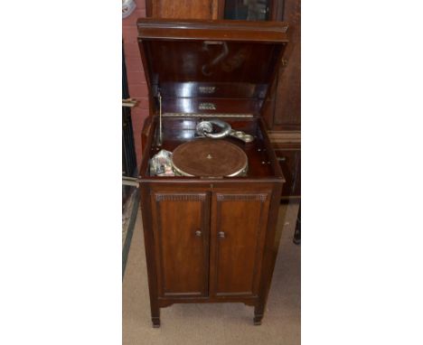 An early to mid-20th century mahogany 'Decca Salon' gramophone cabinet, width 50cm. CONDITION REPORT: Does not spin when woun