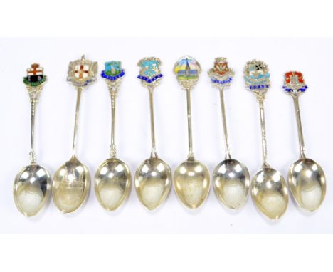 Eight variously hallmarked silver souvenir spoons to include Glasgow Cathedral by A J Bailey, Birmingham 1904, Londonderry an