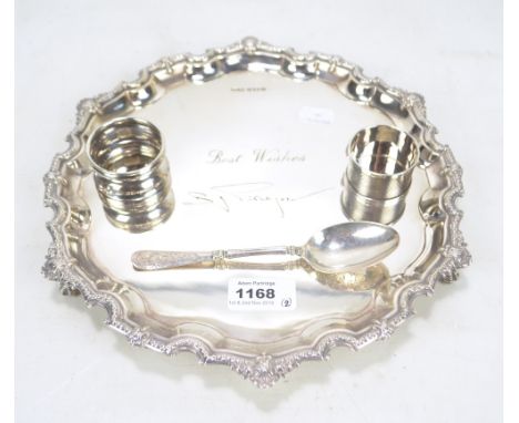 LAURENCE R WATSON &amp; CO; an Elizabeth II hallmarked silver salver with shaped rim and engraved presentation inscription, o