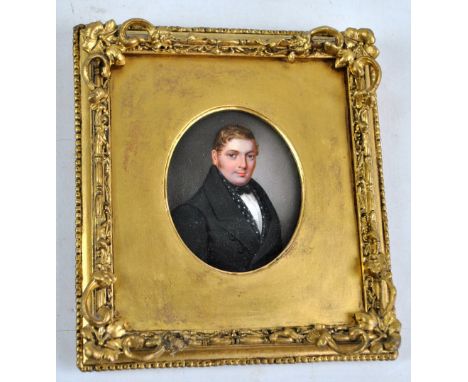 19TH CENTURY ENGLISH SCHOOL; oval portrait miniature, study of a young gentleman wearing bow tie and overcoat, unsigned, 8.5 