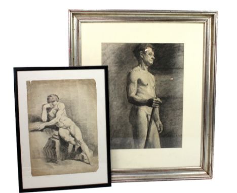 A charcoal study of a man with staff/cane in loin cloth, indistinctly signed lower left, approx 43 x 32.5cm, and a pencil stu