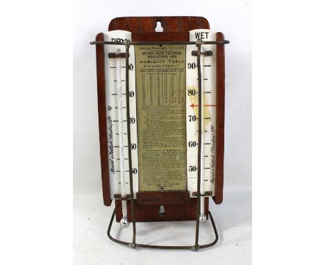 A Baird &amp; Tatlock of London Ltd wet and dry thermometer, with central card details inscribed 'Factory &amp; Workshop Acts