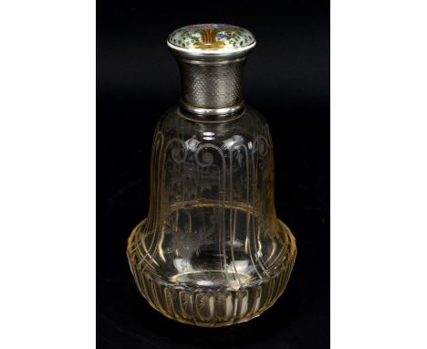 A late 19th century French 950 silver mounted bell shaped scent bottle with floral decorated guilloche enamel top and etched 