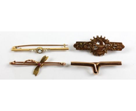 Two 9ct yellow gold bar brooches including a Victorian bird decorated example, a 15ct example (two missing pearls) and a yell