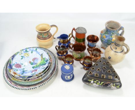A Poole Pottery floral decorated charger by Kelly Dominey, a German salt glazed jug, a 17th century jug (af), and further cer