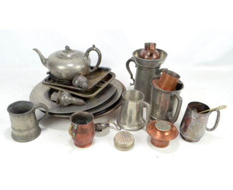 A mixed of lot pewter items to include a Victorian mug, teapot, cruet set, etc, also a small quantity of brassware.