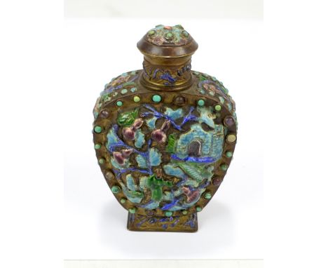 An early 20th century Chinese gilt white metal snuff bottle with enamel decoration, with character mark to base, height 12.5c