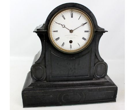 A late 19th century black slate mantel clock with white enamel dial set with Roman numerals inscribed 'Regulator Going One Ye