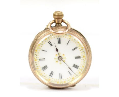 A 9ct yellow gold crown wind fob watch with white enamel dial set with Roman numerals and foliate engraved detail to the case