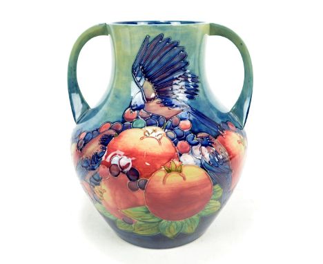 MOORCROFT; a large 'Finches' pattern twin handled vase, impressed and painted mark to base, height 33.5cm (second). CONDITION