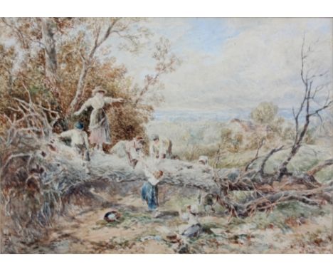 IN THE MANNER OF MYLES BIRKET FORSTER; watercolour, rural scene with children playing, bearing signature monogram to lower le