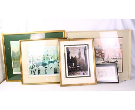 HELEN BRADLEY; a signed limited edition coloured print, winter street scene with figures and a horse and cart, signed in penc