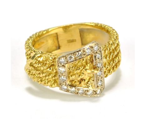 A gentleman's 18ct yellow gold textured diamond set ring in the form of a belt, ring size R 1/2, approx 11.6g.