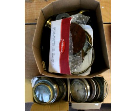 A quantity of barometer glasses, brass bezels, wooden, frames, etc.