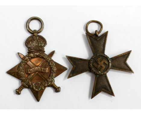A WWI 1914-15 Star awarded to J 39410 L Harris, Boy 1, RN and a Third Reich War Merit Cross; Leonard Harris was a boy sailor 