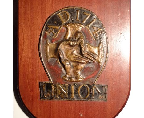 Union Fire Office Fire Mark,  1714-1907, W4E, copper, F-G, mounted on wooden panel, some original paint