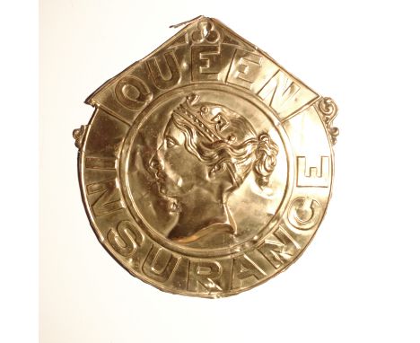 Queen Insurance Company Fire Mark,  1857-1891, W99A, copper, F, mounted on wooden panel and W99B, brass, F, part of scroll mi
