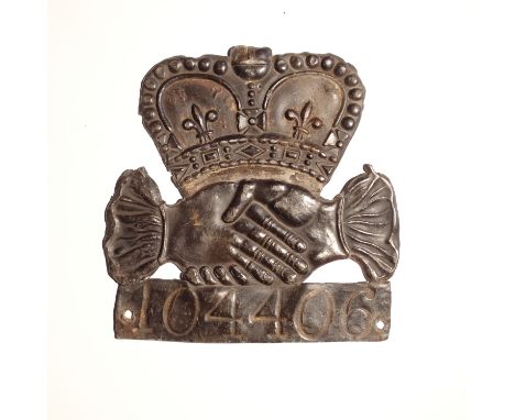 Hand in Hand Fire Office Fire Mark 1696-1905, W2C(iv), lead, policy no. 104406, F-G, cross missing from orb, left-hand lower 