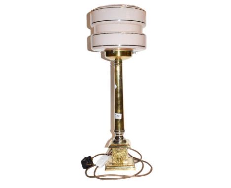 Brass table lamp on square base with pale pink shade (fitted for electricity)