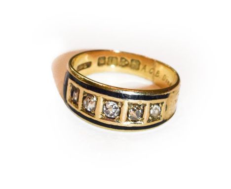 An 18 carat gold enamel and diamond five stone ring, finger size L.  Enamel loss throughout. Gross weight 4.1 grams. 