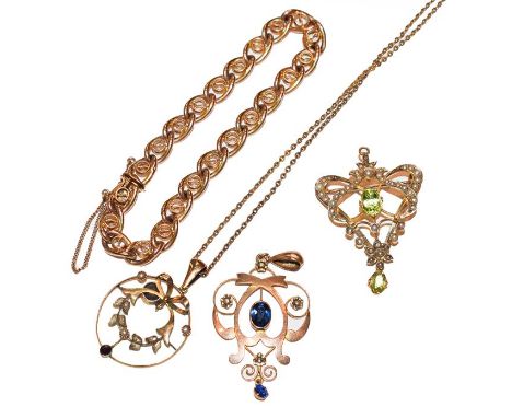 A peridot and split pearl brooch/pendant, measures 5.0cm by 3.0cm; a fancy link bracelet, unmarked; a blue glass pendant with