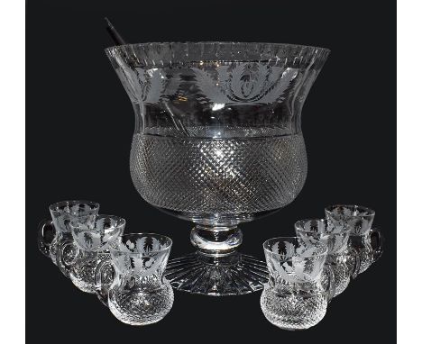 Silver toddy ladle and an Edinburgh crystal cut glass punch bowl, with six glasses Glass items - all in good condition throug