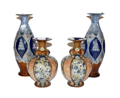 Pair of blue glaze Royal Doulton vases and a smaller squat pair (4) Larger pair - with light surface scratches. Various imper