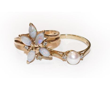 A 9 carat gold cultured pearl and diamond ring, finger size S; and an opal and diamond ring, stamped '14K', finger size L.  C