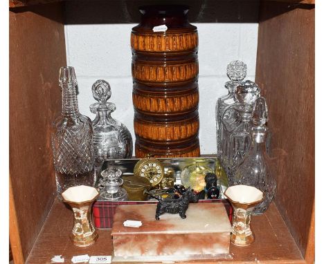 A quantity of mixed ceramics and glass, including five cut glass decanters, Onyx cigar box with mounted Scotty dog, a pair of