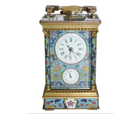 A Champleve enamel striking and repeating alarm carriage clock, 20th century 