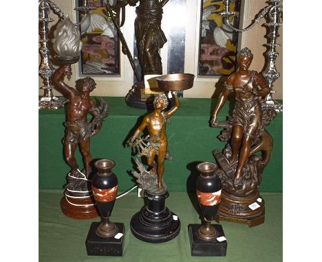 A spelter Classical figural lamp base, another spelter Classical figural centrepiece (lacking bowl)  and a further spelter Cl